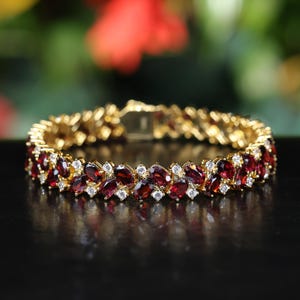 Natural Garnet bracelet 18K Yellow Gold Plated, Tennis Bracelet for Women, Wedding Bracelet, Gift For Her, 26ct Oval Garnet Tennis Bracelet