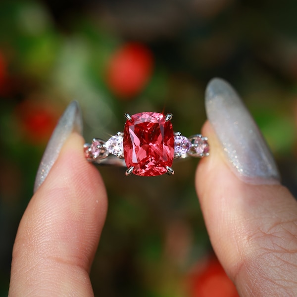 Padparadscha Color Sapphire Ring, 18k white plated Ring,3.99ct Laboratory Grown Sapphire, Engagement Ring, Unique Ring for Anniversary Gift