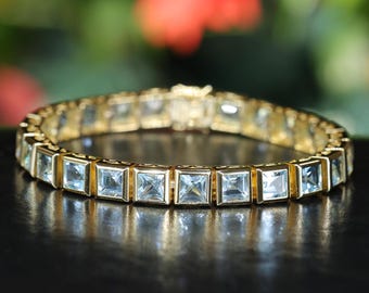Sky Blue Topaz Bracelet, 18K Yellow Gold Plated Sterling Silver Tennis Bracelet
