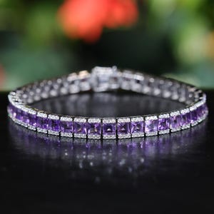 Natural Amethyst bracelet 18K White Gold Plated, Amethyst Tennis Bracelet for Women,  Gift For Her, Sterling Silver Tennis Bracelet