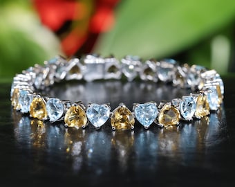 Natural Citrine and Topaz bracelet 18K White Gold Plated, Tennis Bracelet for Women,Gift For Her, Heart Shaped Topaz and Citrine