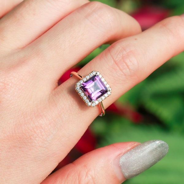 14k Solid Gold Ring,1.9ct Octagonal Amethyst Ring with Moissanite, Simple Amethyst Ring, Unique Ring for Anniversary Gift, Gift for Her