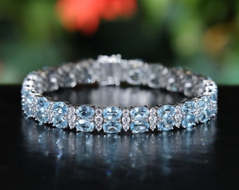 Natura Topaz bracelet 18K White Gold Plated, Topaz Tennis Bracelet for Women, Gift For Her, Natural Oval cut Blue Topaz Bracelet