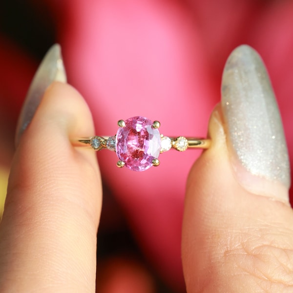 Pink Sapphire Ring with Diamond,18k Solid Gold Ring, Unique Engagement Ring, 1.26ct Pink Sapphire , Statement Sapphire Ring for Women