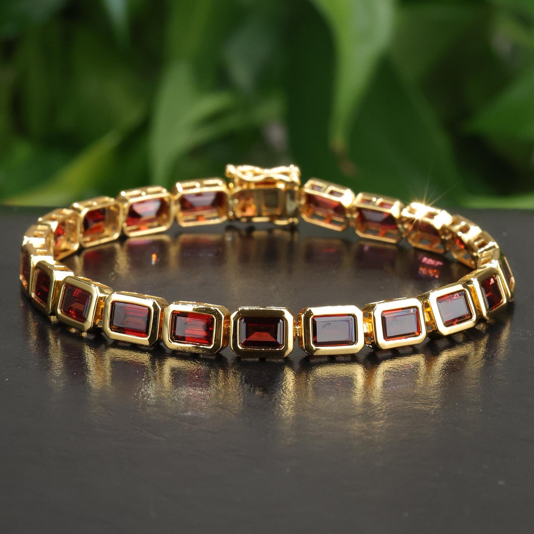 Natural Garnet bracelet 18K Yellow Gold Plated, Garnet Tennis Bracelet for Women, Gift For Her, Sterling Silver Tennis Bracelet