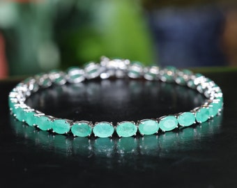 Women Emerald bracelet 18K White Gold Plated, Emerald Tennis Bracelet for Women, Gift For Her, Emerald Halo Tennis Bracelet