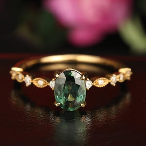 Teal Color Sapphire Ring with Diamond, 18k Solid Gold Ring ,1.05ct Oval Sapphire, Natural Gemstone, Simple Sapphire Ring, Gift for Her