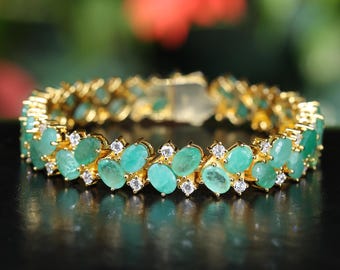 Emerald Tennis Bracelet, 18K Yellow Gold Plated Sterling Silver, 7.5 inch, Gift for Mom