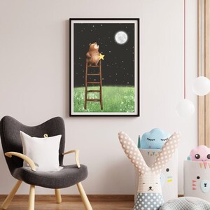 Beer met ladder en ster in het maanlicht - Afdrukbaar digitaal beeldbestand voor directe download / kinderkamerdecoratie & wenskaarten