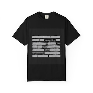 May include: Black t-shirt with a rectangular graphic featuring the text "everything is fine, trust your government" in a white, block-letter style. The graphic is set against a brick-like background.