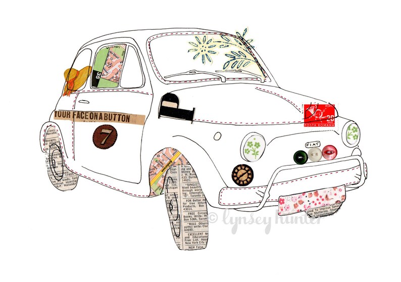 Fiat 500 car Ink & Collage Illustration image 3