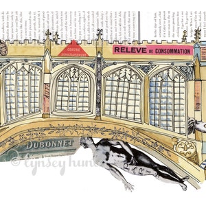 Cambridge Bridge of Sighs, England Ink, watercolour and collage illustration image 3