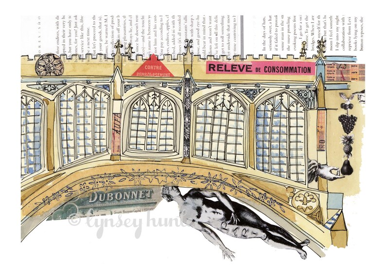 Cambridge Bridge of Sighs, England Ink, watercolour and collage illustration image 3