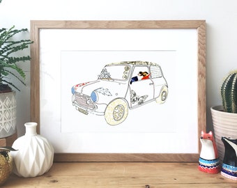 Mini Cooper car - Ink and collage illustration