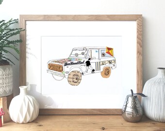 Ford Bronco - Ilustración de tinta y collage