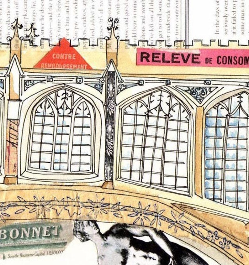 Cambridge Bridge of Sighs, England Ink, watercolour and collage illustration image 4