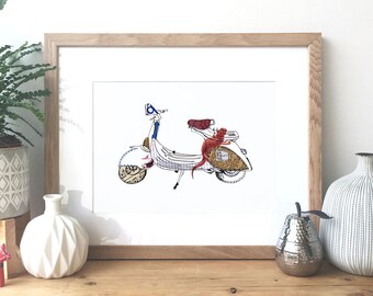 Vespa Scooter - Ink and collage illustration