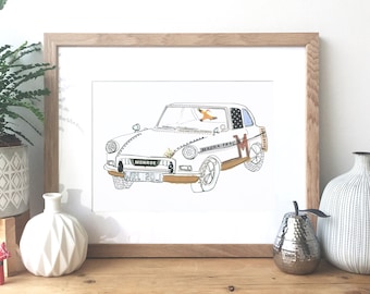 MGB GT car - Ink and collage illustration