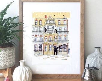 London Town Houses - Ink, watercolour and collage illustration