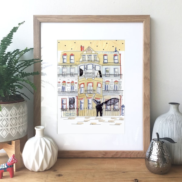 London Town Houses - Ink, watercolour and collage illustration