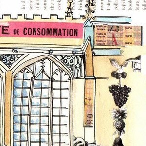 Cambridge Bridge of Sighs, England Ink, watercolour and collage illustration image 5