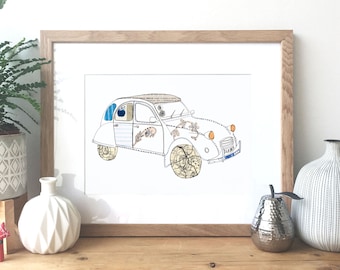 Citroen 2CV - Ink and collage illustration