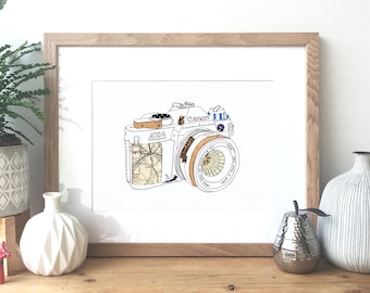 Canon AE-1 SLR camera - Ink and collage illustration