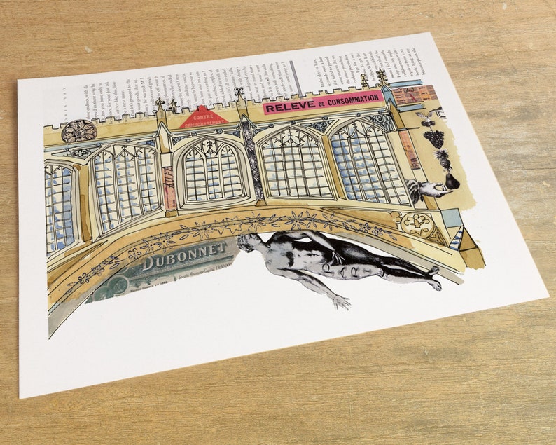 Cambridge Bridge of Sighs, England Ink, watercolour and collage illustration image 2