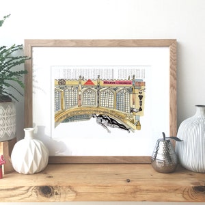 Cambridge Bridge of Sighs, England Ink, watercolour and collage illustration image 1