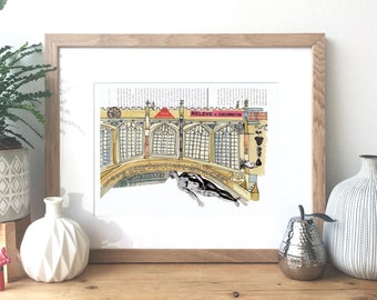 Cambridge - Puente de los Suspiros, Inglaterra - Tinta, acuarela e ilustración de collage