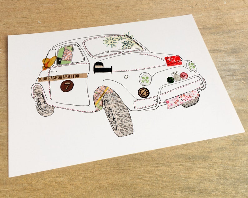 Fiat 500 car Ink & Collage Illustration image 2