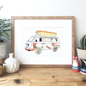 VW Camper Van - Ink and Collage Illustration