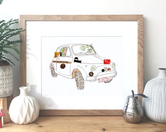 Fiat 500 car - Ink & Collage Illustration