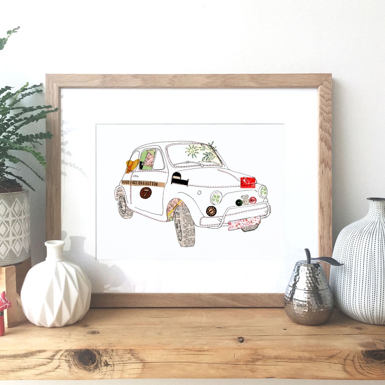 Fiat 500 car Ink & Collage Illustration image 1