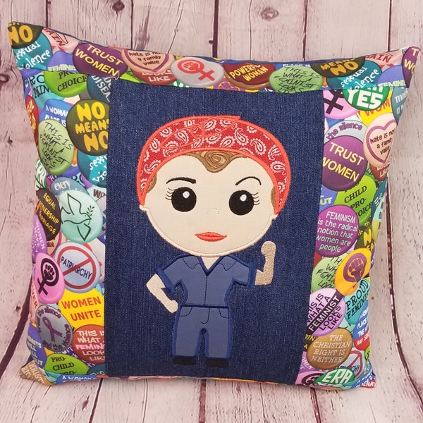 Rosie the Riveter Embroidered Pillow Cover, Women's Rights Pillow Cover, Feminist Gift, Feminist Pillow Cover, WWII icon, Feminist Icon
