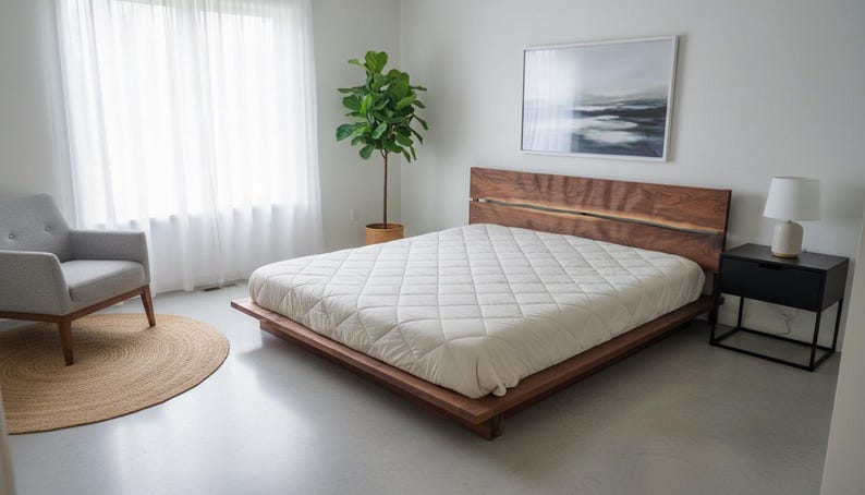 K&ouml;nnte beinhalten: Ein modernes Schlafzimmer mit einem Bett aus Holz und einem Kopfteil aus Naturholz. Das Bett ist mit einer wei&szlig;en, gesteppten Matratze ausgestattet. Ein grauer Sessel, ein runder Jute-Teppich und ein schwarzer Nachttisch mit Lampe sind ebenfalls zu sehen.