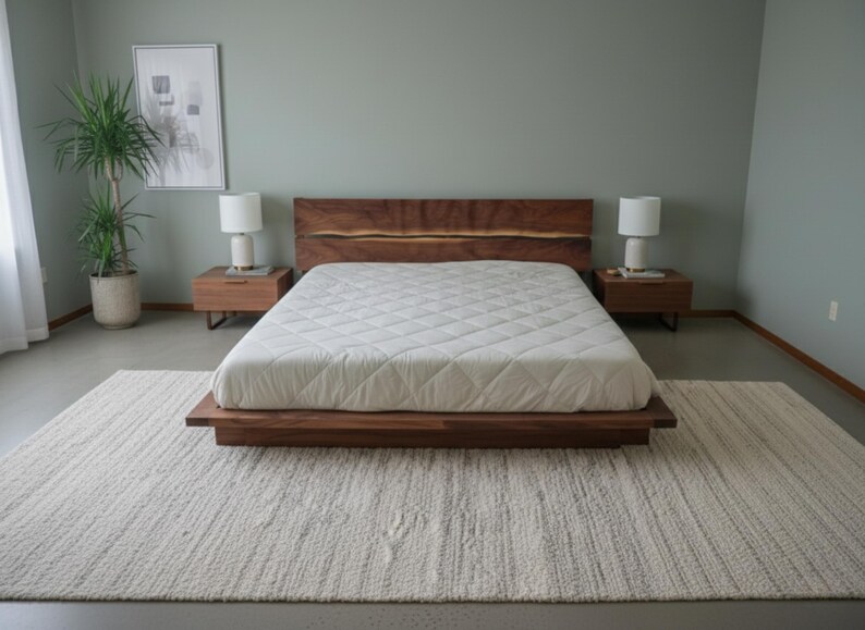 K&ouml;nnte beinhalten: Ein modernes Schlafzimmer mit einem niedrigen Bettrahmen aus Holz und einem Kopfteil aus Naturholz. Das Bett ist mit einer wei&szlig;en, gesteppten Matratze ausgestattet. Zwei passende Nachttische mit Lampen flankieren das Bett. Ein gro&szlig;er Teppich und eine Topfpflanze vervollst&auml;ndigen den Raum.