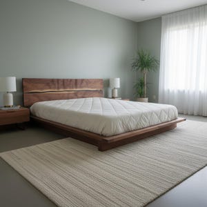 K&ouml;nnte beinhalten: Ein modernes Schlafzimmer mit einem niedrigen Bettrahmen aus Holz und einem Kopfteil aus Naturholz. Das Bett hat eine wei&szlig;e, gesteppte Matratze. Ein neutraler Teppich und Nachttische mit Lampen erg&auml;nzen das minimalistische Design.