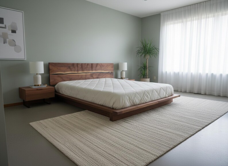 K&ouml;nnte beinhalten: Ein modernes Schlafzimmer mit einem niedrigen Bettrahmen aus Holz und einem Kopfteil aus Naturholz. Das Bett hat eine wei&szlig;e, gesteppte Matratze. Ein neutraler Teppich und Nachttische mit Lampen erg&auml;nzen das minimalistische Design.