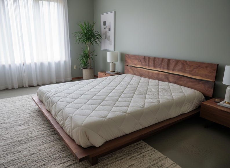 K&ouml;nnte beinhalten: Ein modernes Holzbettgestell mit einem Kopfteil aus Naturholz und einer wei&szlig;en, gesteppten Bettdecke. Das Bett steht auf einem hellen Teppich in einem Schlafzimmer mit Fenster und Topfpflanze.