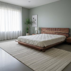 K&ouml;nnte beinhalten: Modernes Schlafzimmer mit niedrigem Holzbett und Kopfteil. Das Bett hat eine wei&szlig;e, gesteppte Bettdecke. Ein cremefarbener Teppich bedeckt den Boden. Der Raum umfasst transparente wei&szlig;e Vorh&auml;nge und eine Topfpflanze. Das Bett ist ca. 200 cm lang.