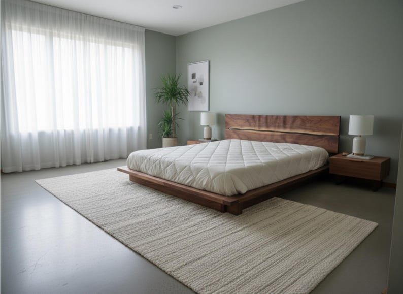 K&ouml;nnte beinhalten: Modernes Schlafzimmer mit niedrigem Holzbett und Kopfteil. Das Bett hat eine wei&szlig;e, gesteppte Bettdecke. Ein cremefarbener Teppich bedeckt den Boden. Der Raum umfasst transparente wei&szlig;e Vorh&auml;nge und eine Topfpflanze. Das Bett ist ca. 200 cm lang.
