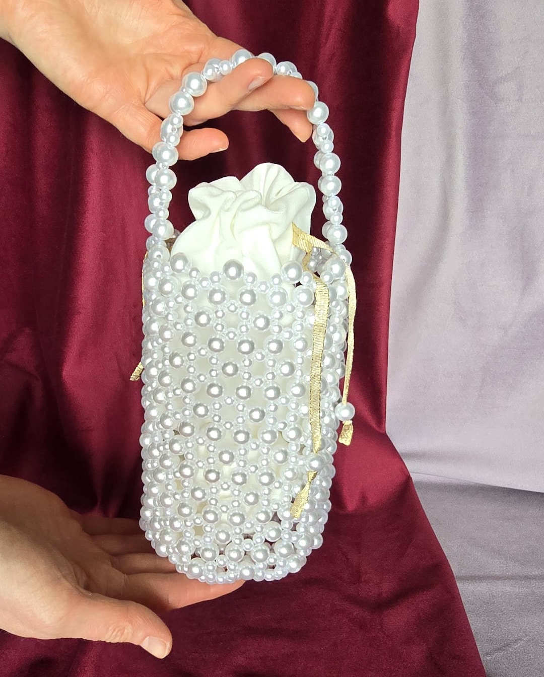 Elegant Pearl Bridal Pouch With Gold Chain, Pearl Beaded Bag, Pearl ...
