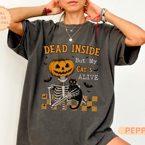 Retro Ghost Cat Shirt, Dead Inside But Cat’s Alive T Shirt, Retro Pumpkin Skeleton Tee, Checkered Spooky Cat Top, Funny Halloween Gift idea