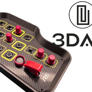 May include: A black and yellow control panel with multiple buttons and knobs. The panel has a carbon fiber texture and features red knobs and a red switch. The logo "3DAM" is visible in black text.