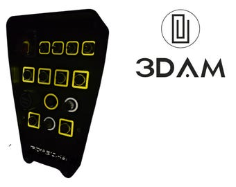 May include: A black control panel with multiple buttons and dials, some outlined in yellow. The panel has the text "3DAM" and a logo in the upper right corner. The panel has the text "ROBOSONE" at the bottom.