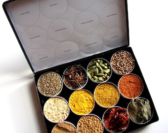 Indian spice kit in a brushed metal storage case - set of 12 - recipes included. the flavors of India at home in your kitchen.