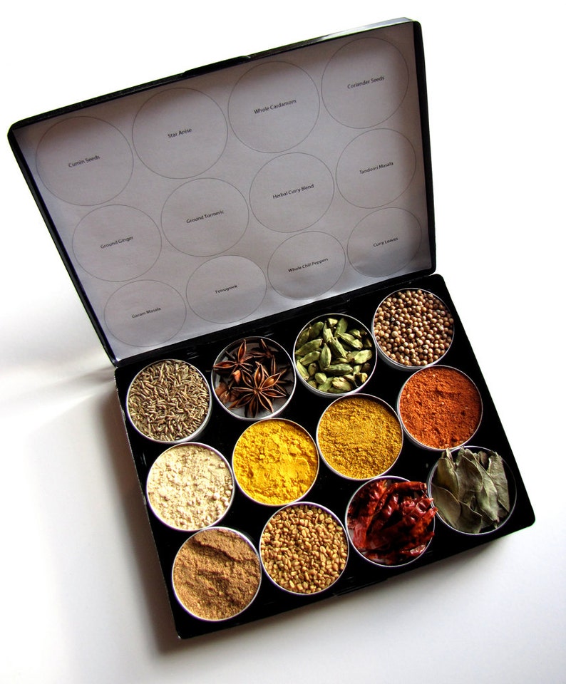 Indian spice kit in a brushed metal storage case set of 12 recipes included. the flavors of India at home in your kitchen. image 1