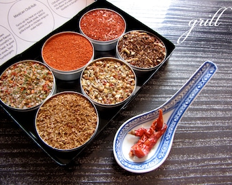 gourmet BBQ rubs kit for red meat and burgers - the perfect gift for him - 6 containers in a gift box