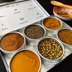 Indian spice kit -  the flavors of India at home - gift set of 6 containers with recipes.